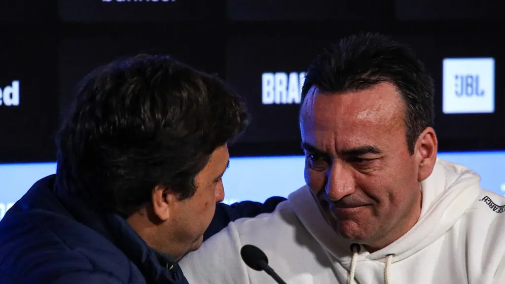 Foto: ANGELO PIERETTI/GRÊMIO FBPA – Marcelo Marques ao lado do arual presidente Alberto Guerra durante coletiva de imprensa.