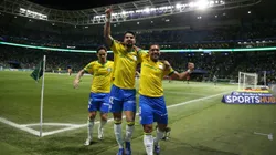 Flaco Lopez jogador do Palmeiras comemora seu gol junto com Vitor Roque durante a partida contra o Sport no Allianz Parque pelo campeonato Brasileiro A 2025. Foto: Marlon Costa/AGIF