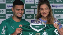 Andreas Pereira em sua apresentação, ao lado da presidente do clube, Leila Pereira