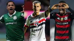 Vitor Roque, Ferreirinha e Samuel Lino são os atletas mais caros de Palmeiras, São Paulo e Flamengo. FOTO: Jorge Rodrigues/AGIF, Reinaldo Campos/AGIF e Ettore Chiereguini/AGIF