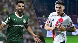 Flaco López e Gonzalo Montiel se enfrentam em River Plate x Palmeiras. Foto: Marcello Zambrana/AGIF e Marcelo Endelli/Getty Images