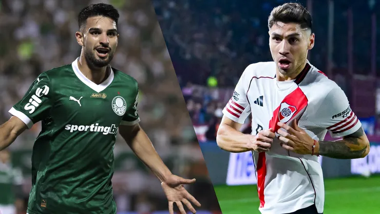 Flaco López e Gonzalo Montiel se enfrentam em River Plate x Palmeiras. Foto: Marcello Zambrana/AGIF e Marcelo Endelli/Getty Images