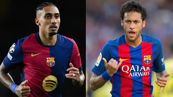 Raphinha e Neymar em campo pelo Barcelona. Foto: David Ramos/Getty Images e Denis Doyle/Getty Images