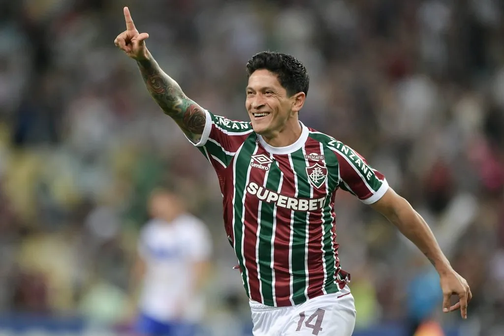 Cano, jogador do Fluminense comemora seu gol durante partida contra o San Jose no estadio Maracana pelo campeonato Copa Sul-americana 2025. Foto: Thiago Ribeiro/AGIF