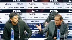 Ramón Díaz e seu auxiliar Emiliano Díaz, em coletiva no Corinthians (Luiz Fernando Carrijo/Corinthians)