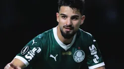 Flaco López comemorando gol durante partida entre Palmeiras e River Plate, no Allianz Parque, pela Libertadores.