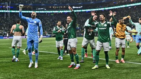 Jogadores do Palmeiras comemoram vitoria durante partida contra o River Plate no estadio Arena Allianz Parque pelo campeonato Copa Libertadores 2025. Foto: Alan Morici/AGIF
