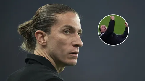 Filipe Luís desaba após virada do Flamengo sobre o Corinthians e cena viraliza. FotoxFoto: Filipe Luís (Jorge Rodrigues/AGIF); Cena (Reprodução)