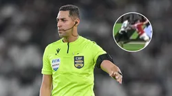 Árbitro Rodrigo José Pereira de Lima marca pênalti polêmico para o Inter em reta final no Beira-Rio. FotoxFoto: Árbitro (Thiago Ribeiro/AGIF); Lance (Reprodução)