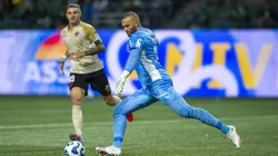 Weverton, jogador do Palmeiras, disputa lance com Vegetti jogador do Vasco durante partida no estadio Arena Allianz Parque pelo campeonato Brasileiro A 2025. Foto: Anderson Romao/AGIF