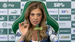 Leila Pereira durante entrevista coletiva na Academia de Futebol.