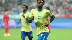 SEOUL, SOUTH KOREA - OCTOBER 10: Vinicius Junior of Brazil celebrates after scoring the team's fifth goal during the international friendly between South Korea and Brazil at Seoul World Cup Stadium on October 10, 2025 in Seoul, South Korea. (Photo by Chung Sung-Jun/Getty Images)