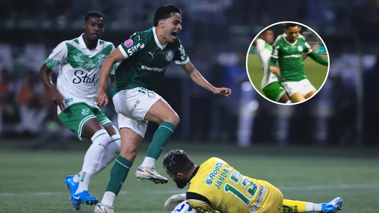 Lance gera polêmica em jogo do Palmeiras. FotoxFoto: Lance 1 (Ettore Chiereguini/AGIF); Lance 2 (Reprodução/Premiere)