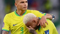 AL RAYYAN, QATAR - DECEMBER 09: Neymar of Brazil reacts with Thiago Silva (L) and Dani Alves after the loss via a penalty shootout during the FIFA World Cup Qatar 2022 quarter final match between Croatia and Brazil at Education City Stadium on December 09, 2022 in Al Rayyan, Qatar. (Photo by Laurence Griffiths/Getty Images)