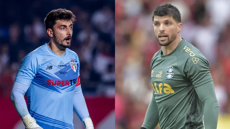 Rafael goleiro do São Paulo e Tiago Volpi goleiro do Grêmio - Fotos: Marcello Zambrana/AGIF e Thiago Ribeiro/AGIF