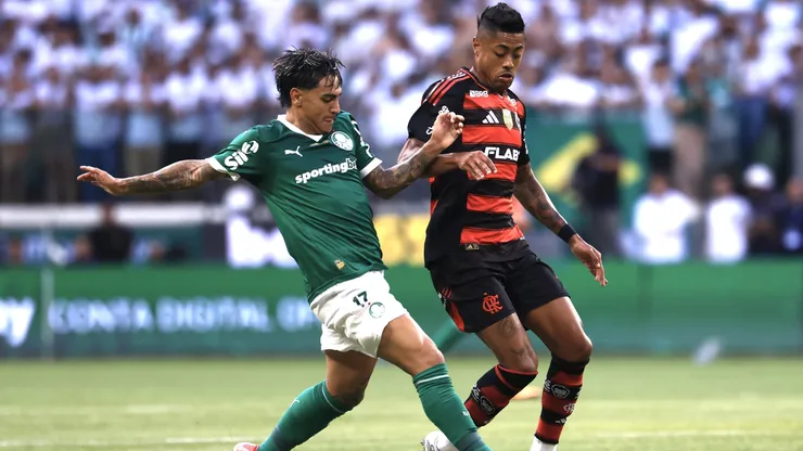 Facundo Torres jogador do Palmeiras disputa lance com Bruno Henrique jogador do Flamengo durante partida no estadio Arena Allianz Parque pelo campeonato Brasileiro A 2025. Foto: Marcello Zambrana/AGIF