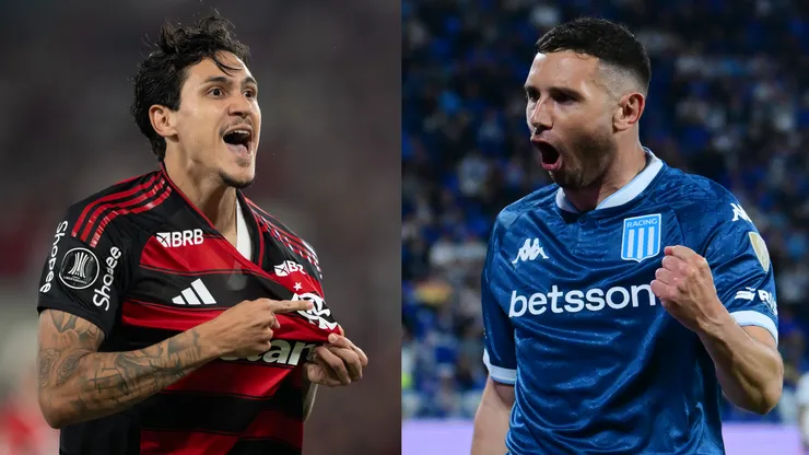 Pedro e Martínez se enfrentam em Flamengo x Racing. Foto: Jorge Rodrigues/AGIF e Marcelo Endelli/Getty Images