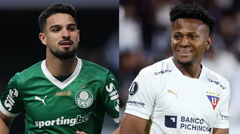 Flaco López e Estrada se enfrentam em LDU Quito x Palmeiras. Foto: Ettore Chiereguini/AGIF e Franklin Jacome/Getty Images