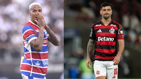 Deyverson e Arrascaeta vão se enfrentar na Arena Castelão - Fotos: Alan Morici/AGIF e Jorge Rodrigues/AGIF