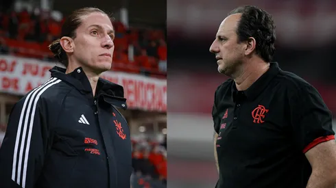 Filipe Luís e Rogério Ceni, técnicos do Flamengo em 2025 e 2020, respectivamente. Fotos: Maxi Franzoi/AGIF e Thiago Ribeiro/AGIF