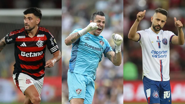 Arrascaeta, Fábio e Everton Ribeiro são destaques em suas equipes no Brasileirão. Fotos: Buda Mendes/Getty Images, Thiago Ribeiro/AGIF e Wagner Meier/Getty Images