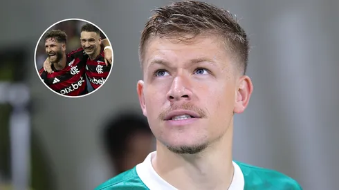 Bruno Fuchs supera zagueiros do Flamengo no ataque. FotoxFoto: Bruno Fuchs (Ettore Chiereguini/AGIF); Flamengo (Jorge Rodrigues/AGIF)