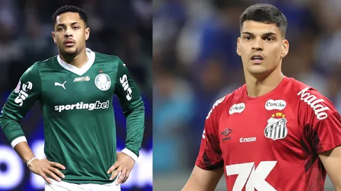 Vitor Roque e Gabriel Brazão são os principais nomes de Palmeiras e Santos - Fotos: Marcello Zambrana/AGIF e Foto: Gilson Lobo/AGIF