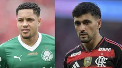 Vitor Roque e Arrascaeta são os principais goleadores do Brasileirão 2025 - Fotos: Thiago Ribeiro/AGIF