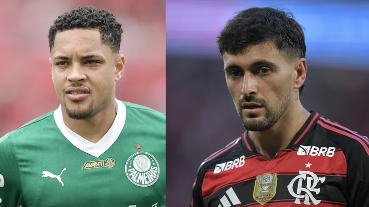 Vitor Roque e Arrascaeta são os principais goleadores do Brasileirão 2025 - Fotos: Thiago Ribeiro/AGIF