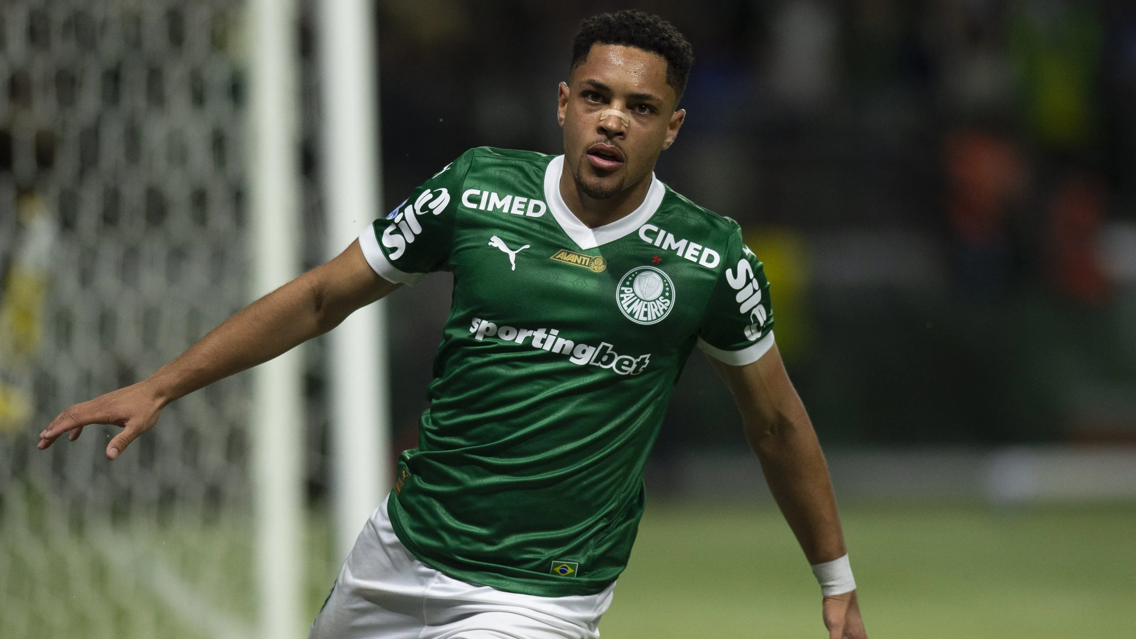 Vitor Roque jogador do Palmeiras comemora seu gol durante partida contra o Santos no estadio Arena Allianz Parque pelo campeonato Brasileiro A 2025. Foto: Anderson Romao/AGIF
