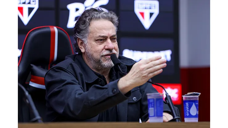 SAO PAULO, BRAZIL - JUNE 24: President of Sao Paulo Julio Casares speaks during a press conference to announce Hernan Crespo as the new coach of Sao Paulo at MorumBIS on June 24, 2025 in Sao Paulo, Brazil. (Photo by Ricardo Moreira/Getty Images)