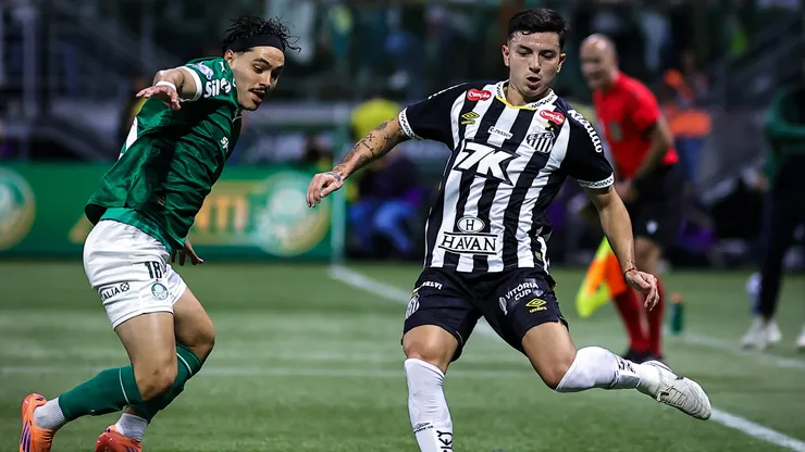 SP - SAO PAULO - 06/11/2025 - BRASILEIRO A 2025, PALMEIRAS X SANTOS - Mauricio jogador do Palmeiras disputa lance com Barreal jogador do Santos durante partida no estadio Arena Allianz Parque pelo campeonato Brasileiro A 2025. Foto: Fabio Giannelli/AGIF