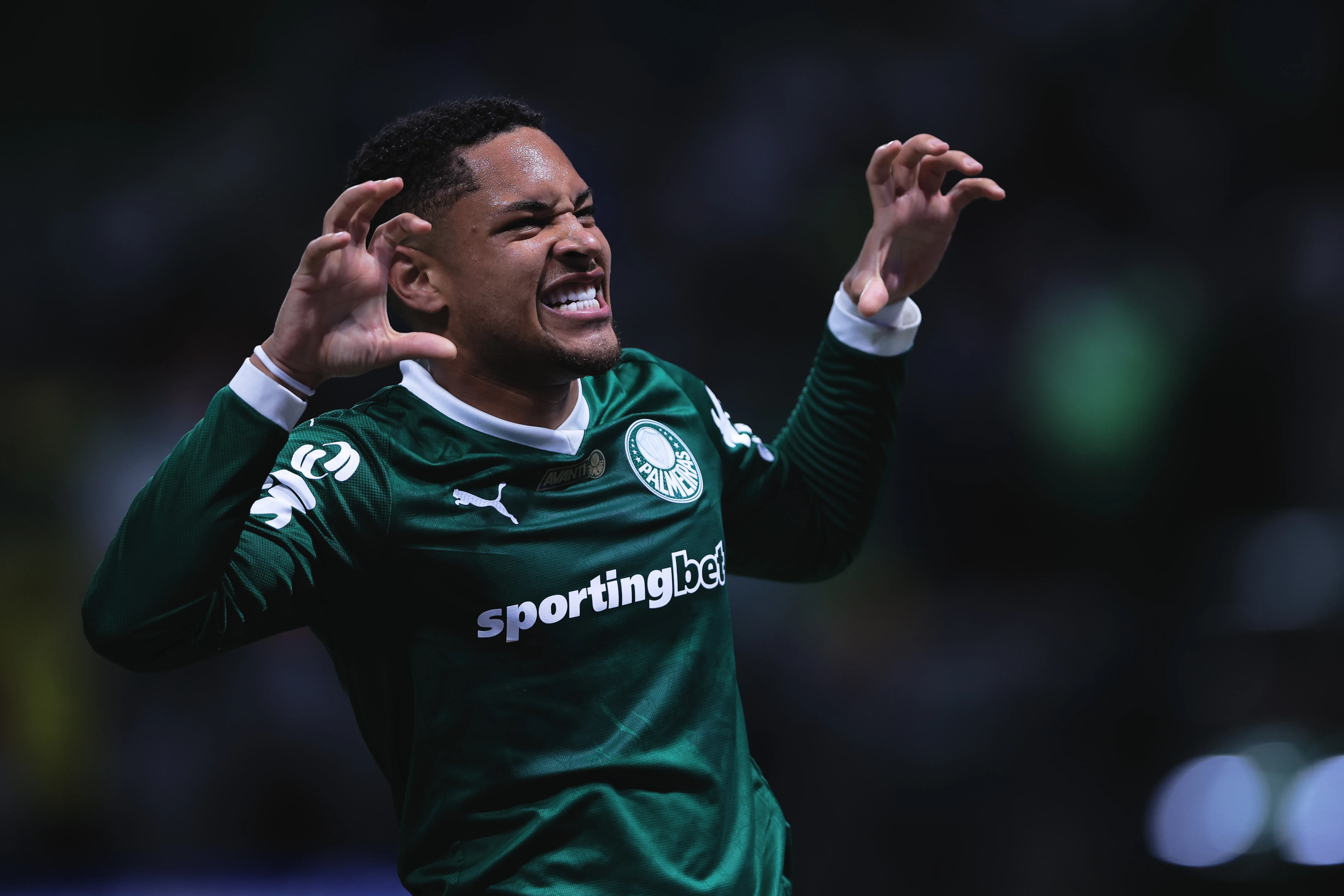 Vitor Roque comemorando seu gol durante partida contra o Internacional no estadio Arena Allianz Parque pelo Brasileirão. Foto: Ettore Chiereguini/AGIF