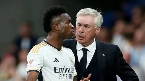 Vini e Ancelotti no Real Madrid. Foto: Florencia Tan Jun/Getty Images