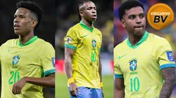 Estêvão, Vini Jr e Rodrygo em ação pelo Brasil - Fotos: Thiago Ribeiro/AGIF, Fernando Teramatsu/AGIF e Ettore Chiereguini/AGIF