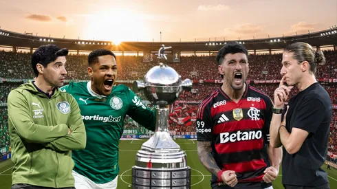 Abel Ferreira e Vitor Roque do Palmeiras enfrentam Filipe Luís e Arrascaeta do Flamengo. Fotos: Marcello Zambrana/AGIF, Miguel Schincariol/Getty Images, Jorge Rodrigues/AGIF e Thiago Ribeiro/AGIF