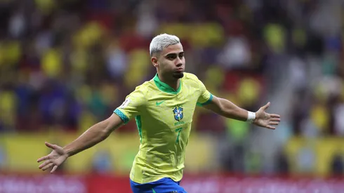BRASILIA, BRAZIL - OCTOBER 15: Andreas Pereira of Brazil celebrates after scoring the team's third goal during the FIFA World Cup 2026 South American Qualifier match between Brazil and Peru at Arena BRB Mané Garrincha on October 15, 2024 in Brasilia, Brazil. (Photo by Wagner Meier/Getty Images)