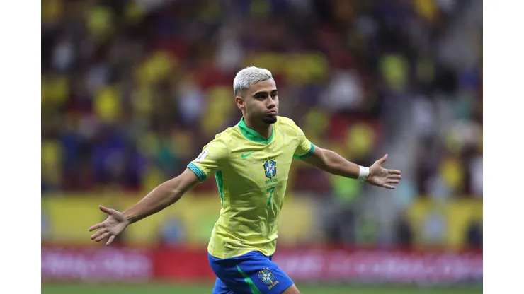 BRASILIA, BRAZIL - OCTOBER 15: Andreas Pereira of Brazil celebrates after scoring the team's third goal during the FIFA World Cup 2026 South American Qualifier match between Brazil and Peru at Arena BRB Mané Garrincha on October 15, 2024 in Brasilia, Brazil. (Photo by Wagner Meier/Getty Images)