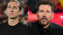 Filipe Luís e Simeone trabalharam juntos no Atlético de Madrid - Fotos: Thiago Ribeiro/AGIF e Angel Martinez/Getty Images