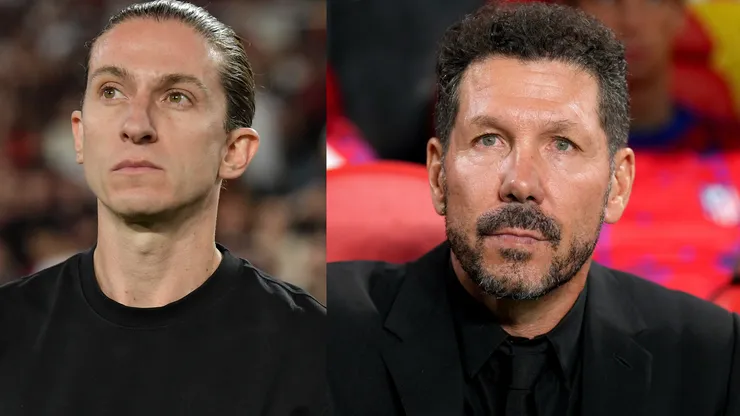 Filipe Luís e Simeone trabalharam juntos no Atlético de Madrid - Fotos: Thiago Ribeiro/AGIF e Angel Martinez/Getty Images