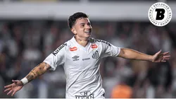 Alvaro Barreal jogador do Santos comemora seu gol durante partida contra o Atletico-MG no estadio Vila Belmiro. Foto: Abner Dourado/AGIF
