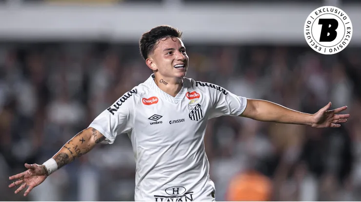 Alvaro Barreal jogador do Santos comemora seu gol durante partida contra o Atletico-MG no estadio Vila Belmiro. Foto: Abner Dourado/AGIF