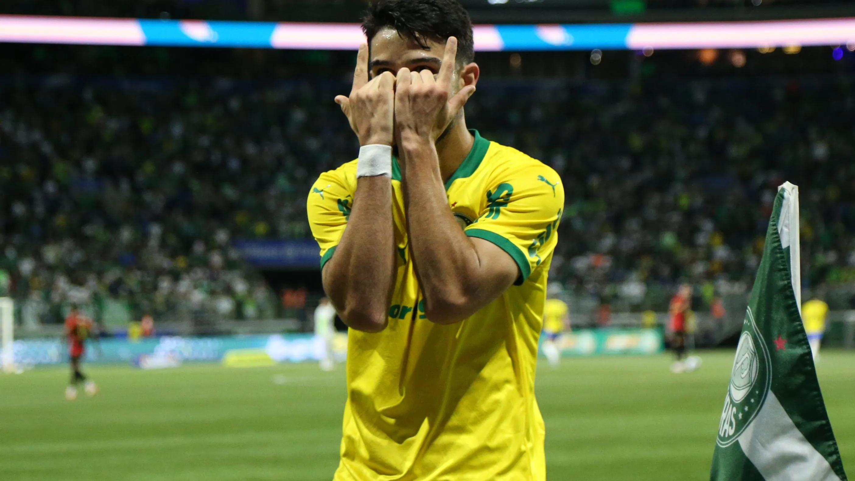 Flaco comemora seu gol durante a partidado Palestra no Allianz Parque. Foto: Marlon Costa/AGIF
