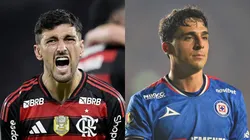 Arrascaeta vs Faravelli. Foto: Alexandre Loureiro/AGIF - Azael Rodriguez/Getty Images