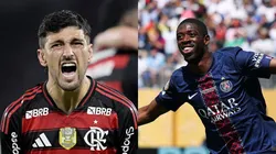 Arrascaeta vs Dembélé. Foto: Alexandre Loureiro/AGIF e Dan Mullan/Getty Images