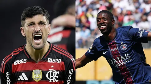 Arrascaeta vs Dembélé. Foto: Alexandre Loureiro/AGIF e Dan Mullan/Getty Images