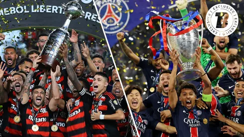 Flamengo, campeão da Libertadores e PSG, da Champions League. Fotos: Carl Recine e Buda Mendes (Getty Images)
