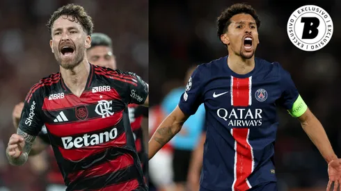 Léo Pereira e Marquinhos vão se enfrentar em Flamengo x PSG – Fotos: Thiago Ribeiro/AGIF e Richard Heathcote/Getty Images