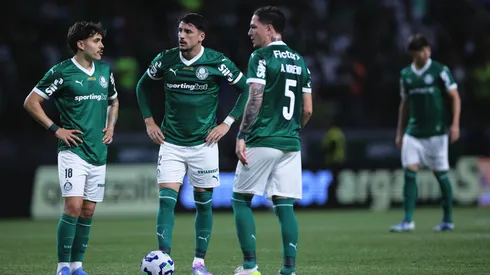 Joaquin Piquerez, Anibal Moreno e Mauricio, jogadores do Palmeiras durante partida contra o Ceara no estadio Arena Allianz Parque pelo campeonato Copa Do Brasil 2025. Foto: Ettore Chiereguini/AGIF