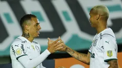 Breno Lopes em campo pelo Palmeiras ao lado de Deyverson.